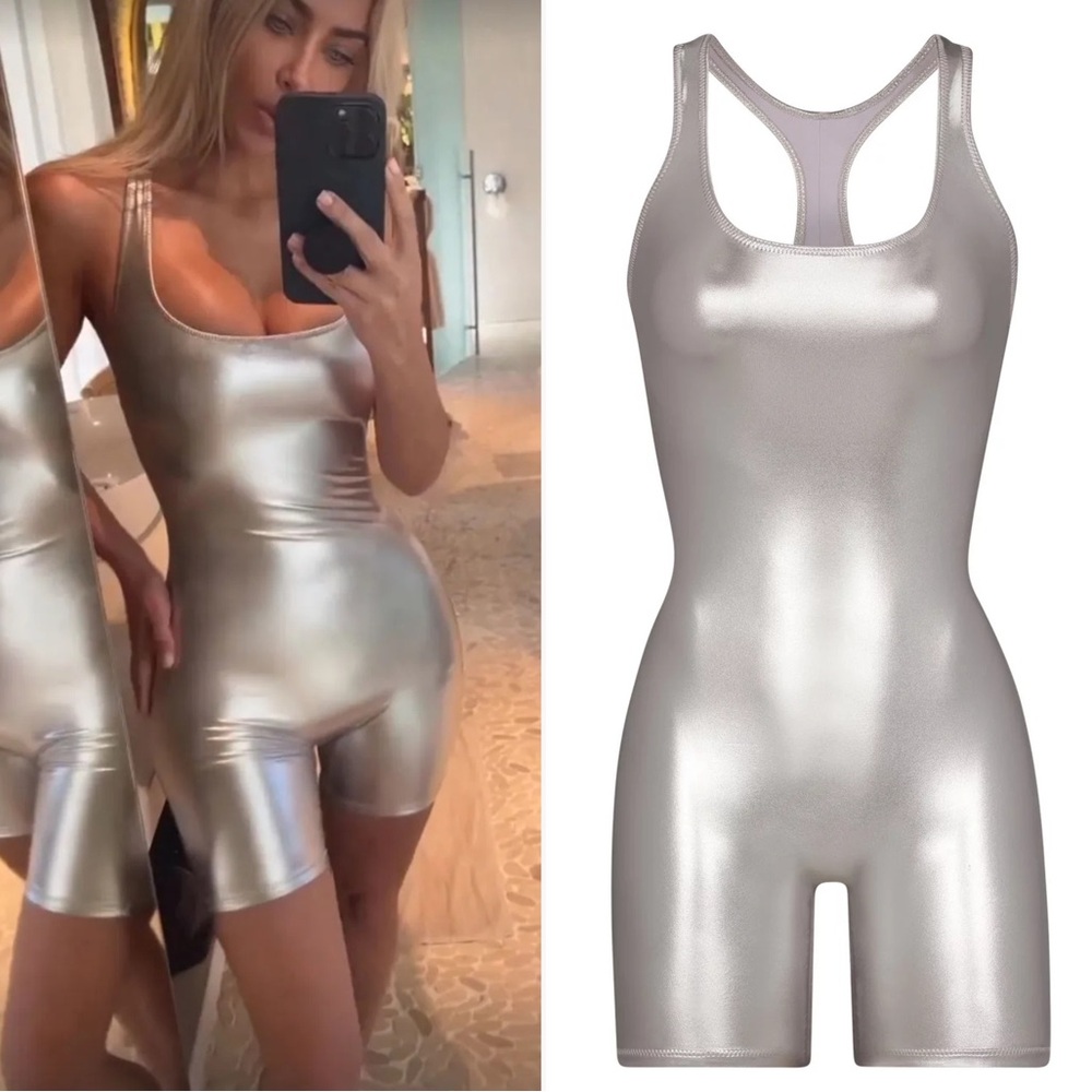SKIMS Metallic Swim Cycle Suit in Nickel Sz M MSRP $128 NWT